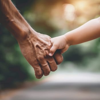 Close-up of an adult and a child holding hands in the sunlight. Concept of care and protection of children