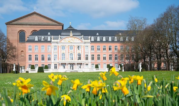 Electoral palace with garden in the roman city of Trier, connected to the constantin basilica, Moselle valley, Rhineland palatinate in Germany