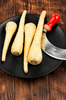 Raw and uncooked parsnips roots. Concept of healthy eating.