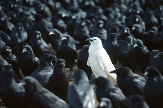 A white crow among many black crows. Neural network generated image. Not based on any actual scene or pattern.