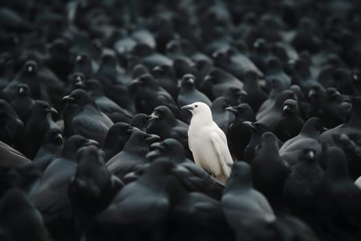 A white crow among many black crows. Neural network generated image. Not based on any actual scene or pattern.