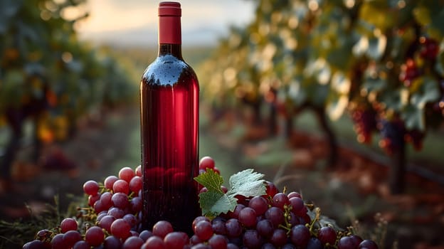 A red wine bottle in front of a landscape of grape farmland. Neural network generated image. Not based on any actual scene or pattern.