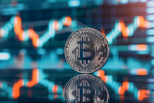 Bitcoin shiner in front of blurry trading charts screen. Dark appearance. Neural network generated image. Not based on any actual scene or pattern.