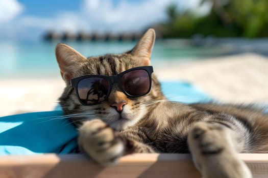 tabby cat with sunglasses laid on tropical beach, vacation theme. Neural network generated image. Not based on any actual person or scene.
