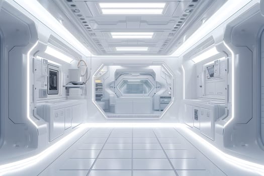 futuristic clean white space station style interior of kitchen room. Neural network generated image. Not based on any actual scene or pattern.