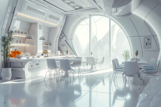 futuristic clean white space station style interior of dining room. Neural network generated image. Not based on any actual scene or pattern.