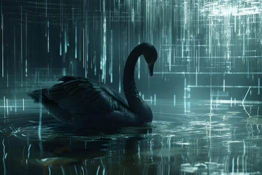 Black swan on water surface, close up. Neural network generated image. Not based on any actual scene or pattern.