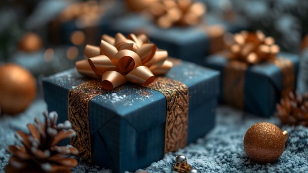 Blue Christmas gift boxes with a gold bow for holiday background. Neural network generated image. Not based on any actual scene or pattern.