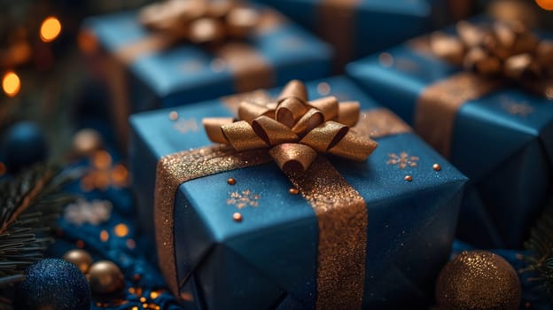 Blue Christmas gift boxes with a gold bow for holiday background. Neural network generated image. Not based on any actual scene or pattern.