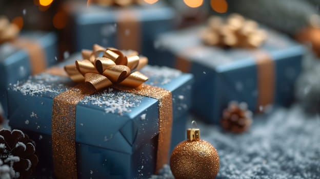 Blue Christmas gift boxes with a gold bow for holiday background. Neural network generated image. Not based on any actual scene or pattern.