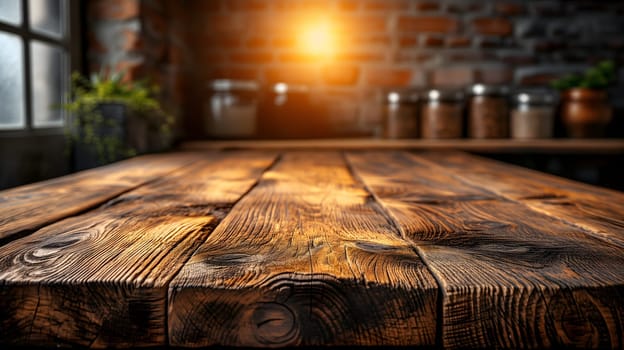 Empty wooden table for rustic background, vintage American style, montage-friendly, retro vibes, creative space, no text. Neural network generated image. Not based on any actual scene or pattern.