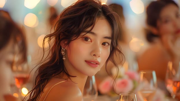 Beautiful women smiling at dinner and wine party in the garden along with other women with a blurry background wear simple and elegant clothes. Enjoy fun conversations and share memorable experiences.