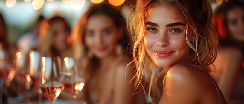 Beautiful women smiling at dinner and wine party in the garden along with other women with a blurry background wear simple and elegant clothes. Enjoy fun conversations and share memorable experiences.