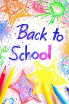 Naive children's drawing with colored chalk on white paper, made by hand by a child, text Back to School. Neural network generated image. Not based on any actual scene or pattern.
