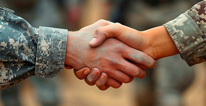 Military shake hands, peace negotiations, end of war AI generated image