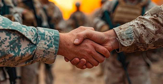 Military shake hands, peace negotiations, end of war AI generated image