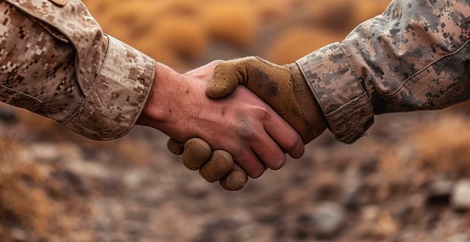 Military shake hands, peace negotiations, end of war AI generated image