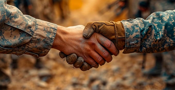 Military shake hands, peace negotiations, end of war AI generated image