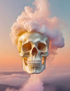Big human skull fuming pink smoke above the clouds. Conceptual vaporwave background in pastel colors