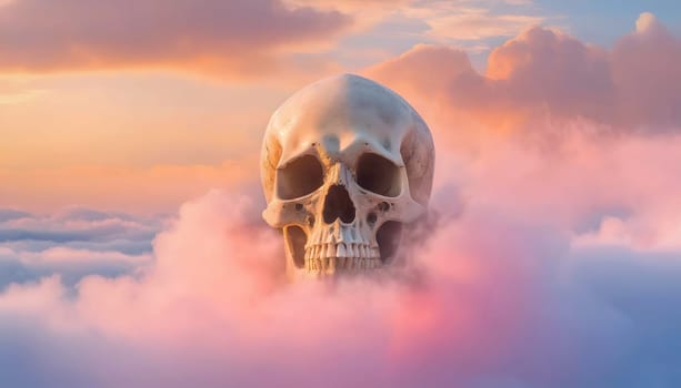 Big human skull surrounded by pink clouds