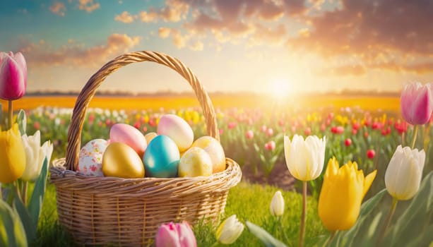 A basket with colorful Easter eggs on a spring field with blooming tulips at sunrise