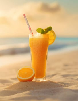 Fresh orange juice cocktail in the sand on a tropical beach resort. Summer relax background