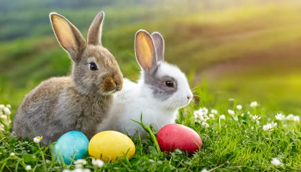 Two little bunnies are sitting on a meadow with colorful Easter eggs.