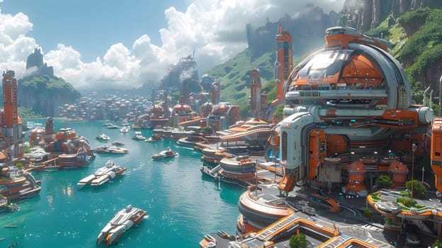 Imaginary illustration of a harbor full of futuristic ships, turquoise waters. In the background there were mountains and green trees in the distance. The sky is clear. There are some white clouds.