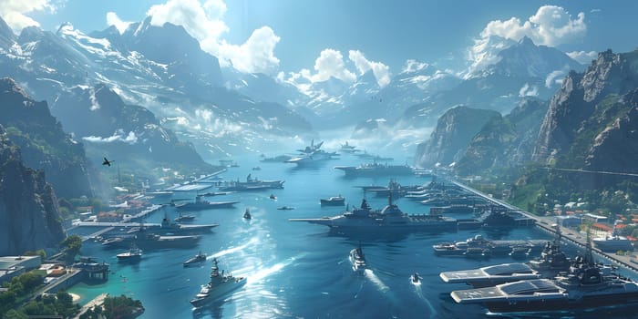 Imaginary illustration of a harbor full of futuristic ships, turquoise waters. In the background there were mountains and green trees in the distance. The sky is clear. There are some white clouds.