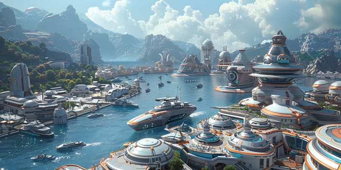 Imaginary illustration of a harbor full of futuristic ships, turquoise waters. In the background there were mountains and green trees in the distance. The sky is clear. There are some white clouds.