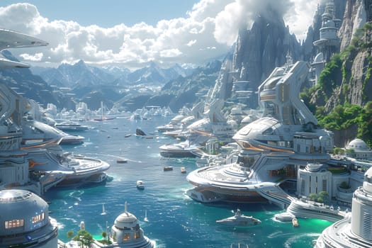 Imaginary illustration of a harbor full of futuristic ships, turquoise waters. In the background there were mountains and green trees in the distance. The sky is clear. There are some white clouds.