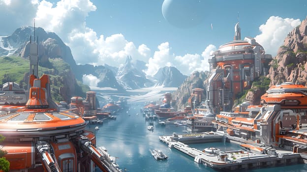 Imaginary illustration of a harbor full of futuristic ships, turquoise waters. In the background there were mountains and green trees in the distance. The sky is clear. There are some white clouds.