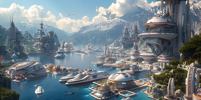Imaginary illustration of a harbor full of futuristic ships, turquoise waters. In the background there were mountains and green trees in the distance. The sky is clear. There are some white clouds.