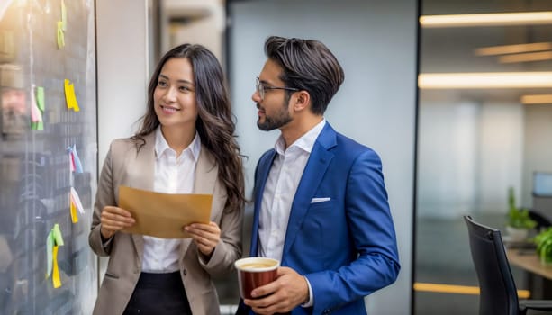 A businesswoman and businessman in their 30s use sticky notes for task organization on a panel during a collaboration session in a modern office