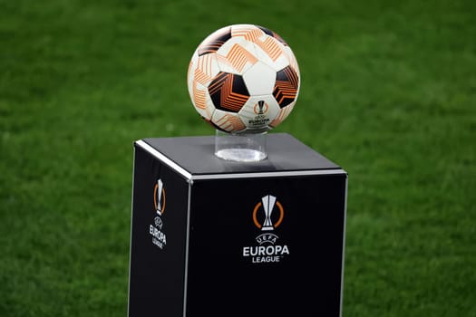 The match ball of the UEFA Football Europa League on a pedestal before the match of the Football Europa League - Round of 16: SC Freiburg vs West Ham United