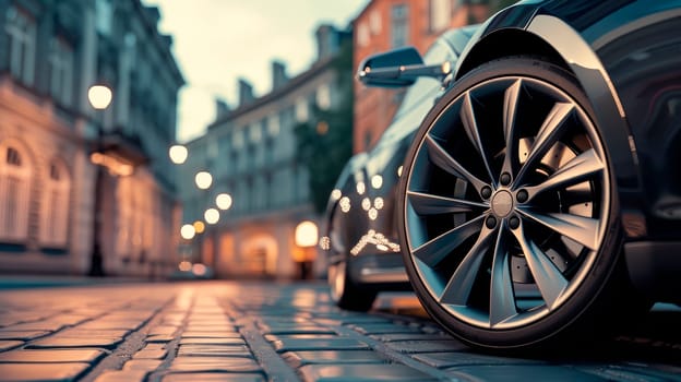 A detailed close-up sleek design of a front alloy wheel on a contemporary car, parked on a paved street, with oldtown buildings softly blurred in the background. AI generated