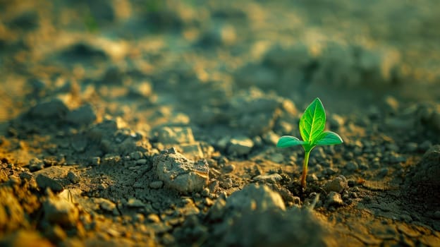 A small green sprout emerges from the dray earth on desert. AI generated