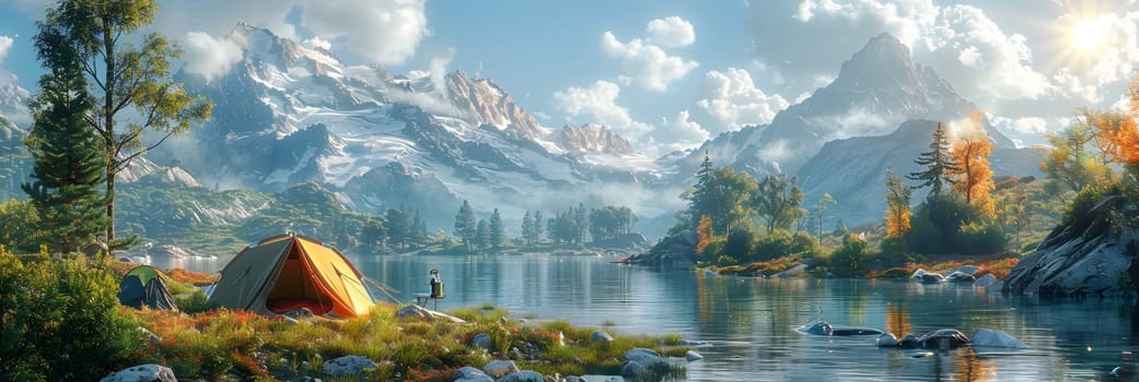 Beautiful campsite. Warm sunlight shine through the mountains onto green field. The lake and tranquil valley are visible in the background. We will experience an adventure amidst the beauty of nature.