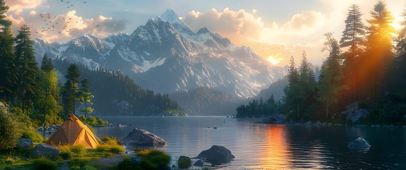 Beautiful campsite. Warm sunlight shine through the mountains onto green field. The lake and tranquil valley are visible in the background. We will experience an adventure amidst the beauty of nature.