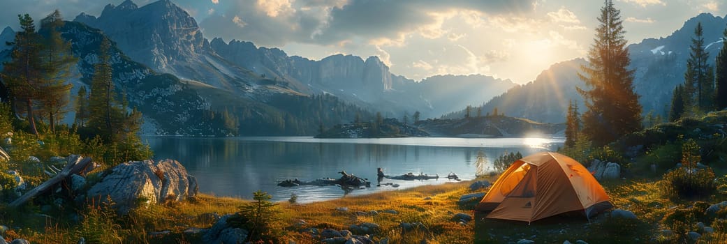Beautiful campsite. Warm sunlight shine through the mountains onto green field. The lake and tranquil valley are visible in the background. We will experience an adventure amidst the beauty of nature.