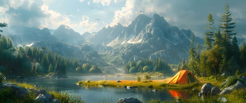 Beautiful campsite. Warm sunlight shine through the mountains onto green field. The lake and tranquil valley are visible in the background. We will experience an adventure amidst the beauty of nature.