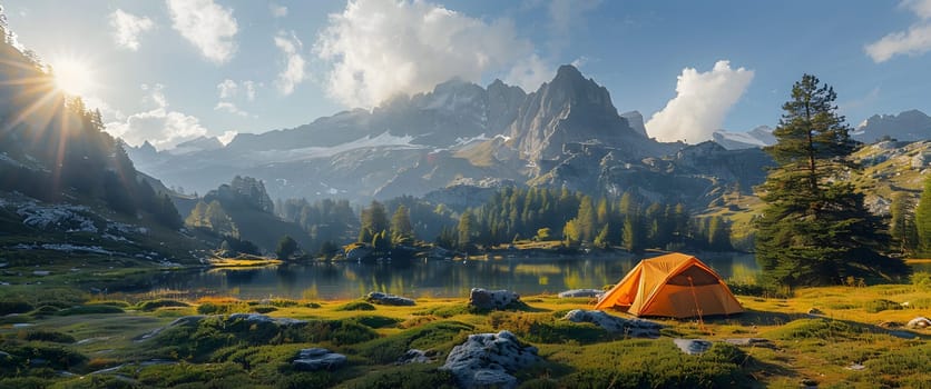Beautiful campsite. Warm sunlight shine through the mountains onto green field. The lake and tranquil valley are visible in the background. We will experience an adventure amidst the beauty of nature.