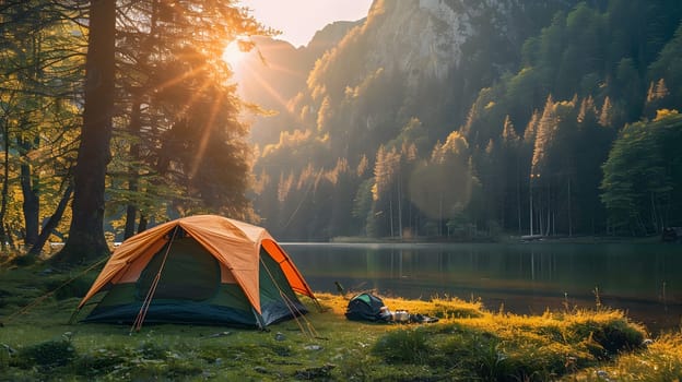 Beautiful campsite. Warm sunlight shine through the mountains onto green field. The lake and tranquil valley are visible in the background. We will experience an adventure amidst the beauty of nature.