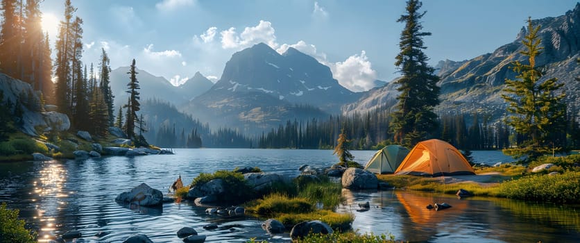 Beautiful campsite. Warm sunlight shine through the mountains onto green field. The lake and tranquil valley are visible in the background. We will experience an adventure amidst the beauty of nature.