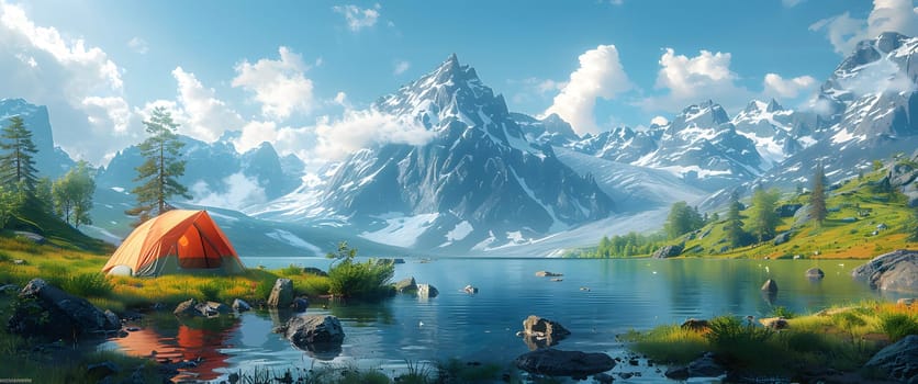 Beautiful campsite. Warm sunlight shine through the mountains onto green field. The lake and tranquil valley are visible in the background. We will experience an adventure amidst the beauty of nature.