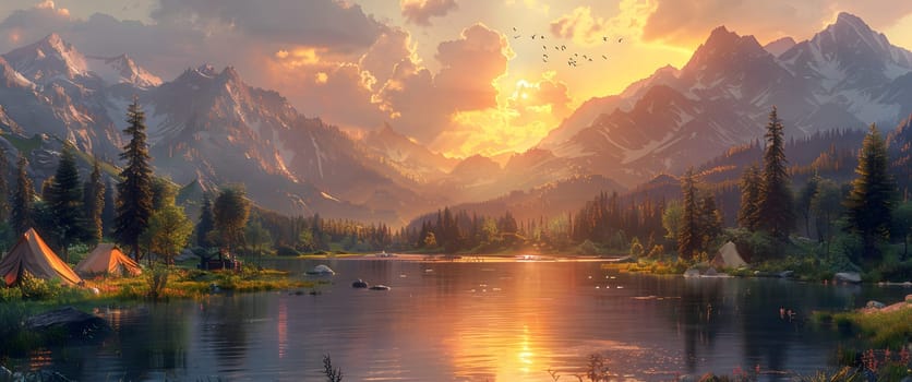 Beautiful campsite. Warm sunlight shine through the mountains onto green field. The lake and tranquil valley are visible in the background. We will experience an adventure amidst the beauty of nature.