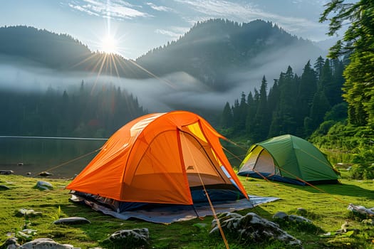 Beautiful campsite. Warm sunlight shine through the mountains onto green field. The lake and tranquil valley are visible in the background. We will experience an adventure amidst the beauty of nature.