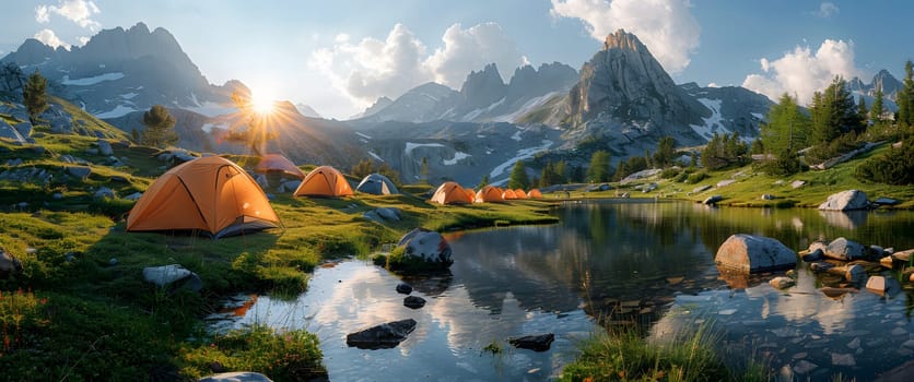 Beautiful campsite. Warm sunlight shine through the mountains onto green field. The lake and tranquil valley are visible in the background. We will experience an adventure amidst the beauty of nature.
