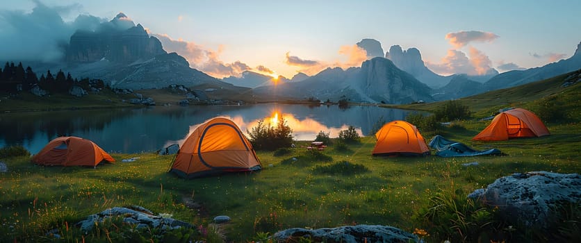 Beautiful campsite. Warm sunlight shine through the mountains onto green field. The lake and tranquil valley are visible in the background. We will experience an adventure amidst the beauty of nature.