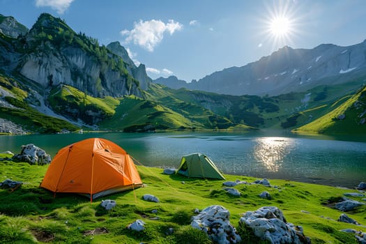 Beautiful campsite. Warm sunlight shine through the mountains onto green field. The lake and tranquil valley are visible in the background. We will experience an adventure amidst the beauty of nature.
